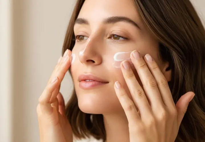 Mujer aplicándose crema facial con phenoxyethanol. Sus manos suaves extienden el producto, dejando la piel radiante y cuidada.