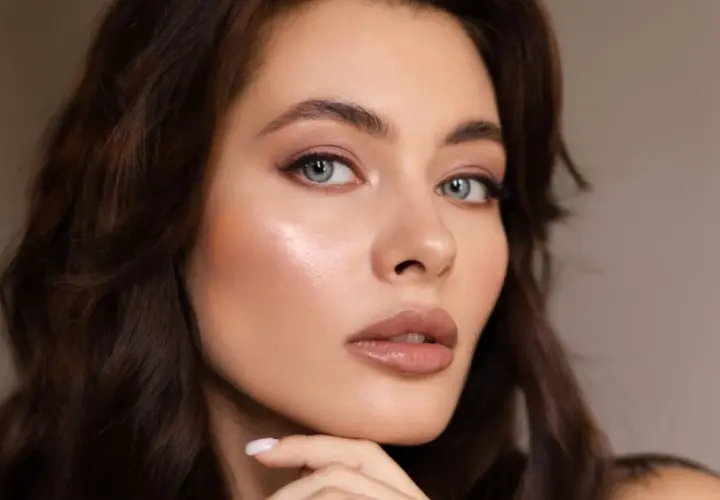 Primer plano de una mujer con cabello castaño oscuro y ojos azules. Su piel luce radiante, resaltando la belleza natural de la melanina.