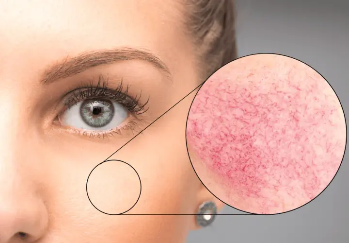 Primer plano de ojo y mejilla, con un círculo que muestra la piel con rojeces y vasos sanguíneos visibles, indicando posible demodex cara.