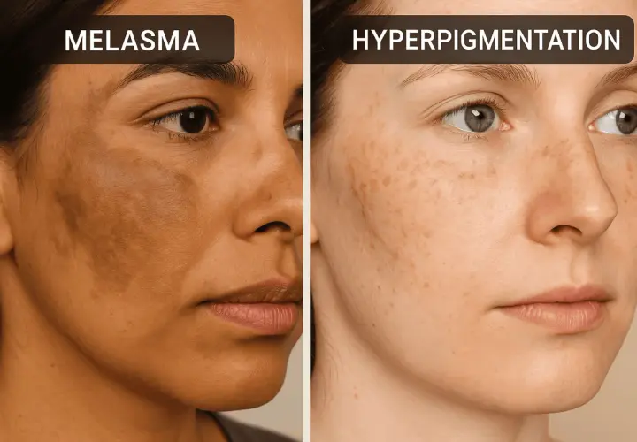 Comparación de melasma, una condición de hiperpigmentación, en dos rostros.