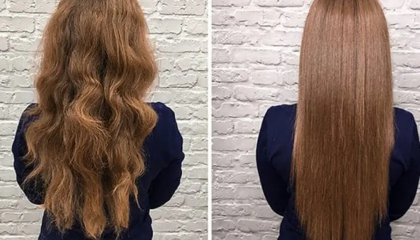 Antes y después de nanoplastia: cabello rizado y voluminoso transformado en liso y sedoso.