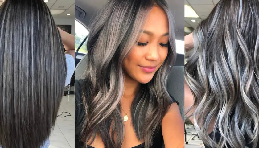Cabello oscuro con mechas plateadas y grises, un estilo moderno para disimular canas.