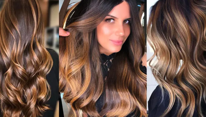 Cabello castaño con reflejos que imitan el tinte color miel o caramelo, creando un efecto balayage natural y luminoso.