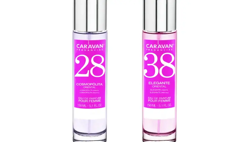 Dos perfumes Caravan, números 28 y 38, con etiquetas rosas y plateadas. Equivalencias Caravan hombre y mujer.