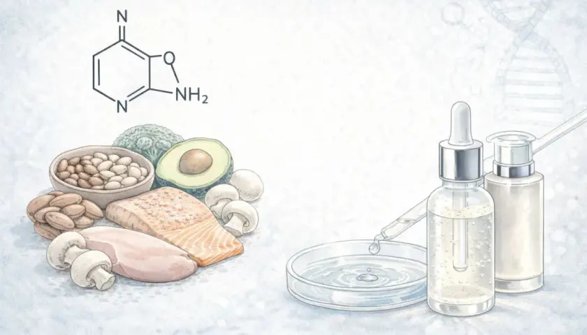 Fórmula química de la Vitamina B3, alimentos ricos en ella y frascos de cosméticos.
