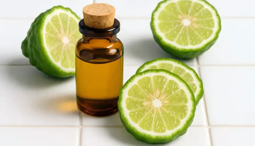Aceite esencial de bergamota que es, junto a rodajas y una fruta entera de esta cítrica fragante.