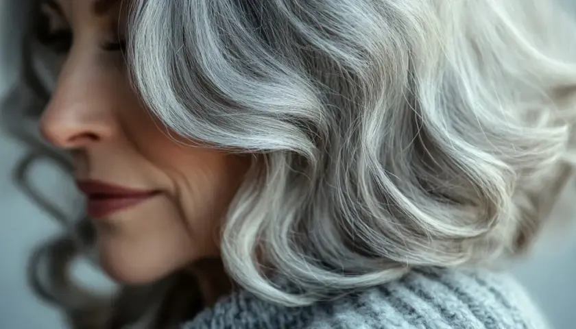 El cabello plateado de una mujer, con ondas suaves, muestra la belleza natural de porque salen las canas.