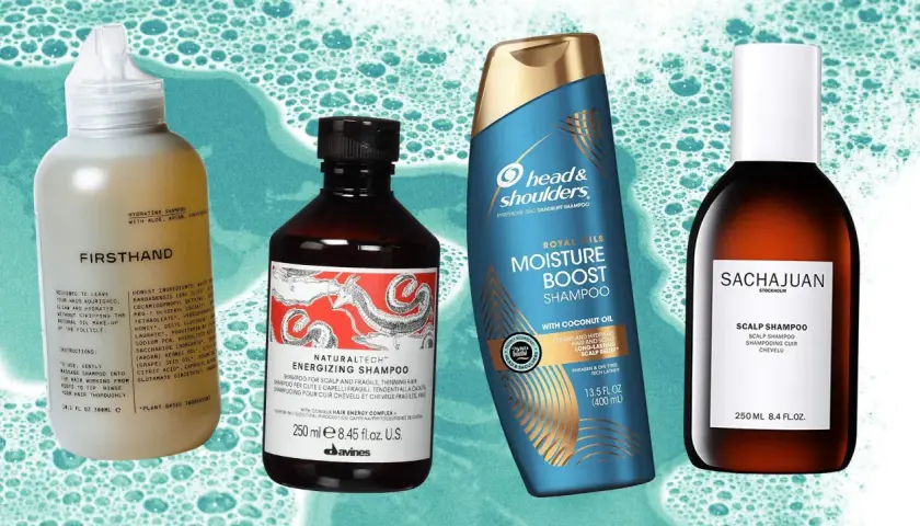 Cuatro botellas de champú: Firsthand, Davines, Head & Shoulders y Sachajuan. El mejor champú para tu cabello.