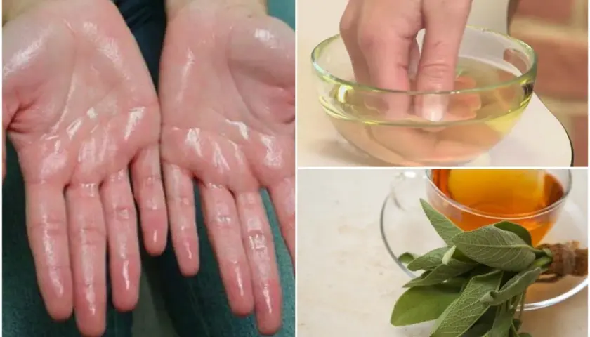 Manos sudorosas por hiperhidrosis palmar. Un dedo en un cuenco con líquido y una taza de té de salvia.