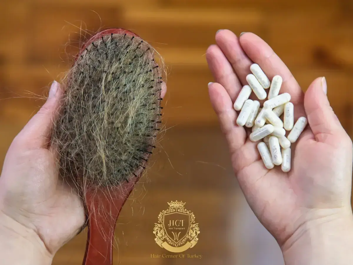Cepillo con pelo caído y mano con cápsulas, buscando las mejores vitaminas para el pelo.