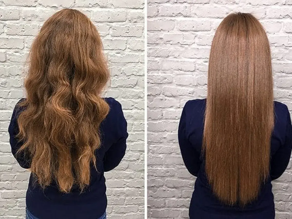 Antes y después de nanoplastia: cabello rizado y voluminoso transformado en liso y sedoso.