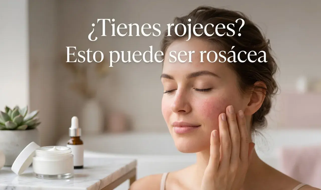 Mujer con mejillas enrojecidas, posible rosacea. Cuidado de la piel con crema y sérum.