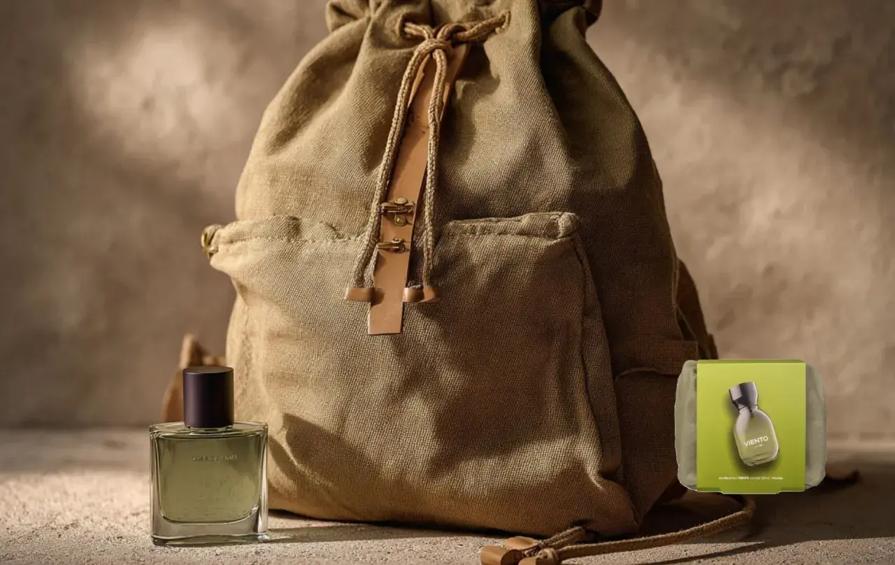 Botella de colonia Viento de Mercadona junto a una mochila de lona, lista para una aventura.