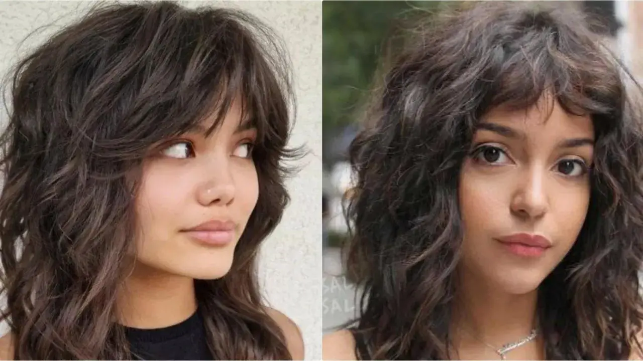 Dos mujeres con un corte de pelo shaggy bob oscuro y ondulado, con flequillo desordenado.