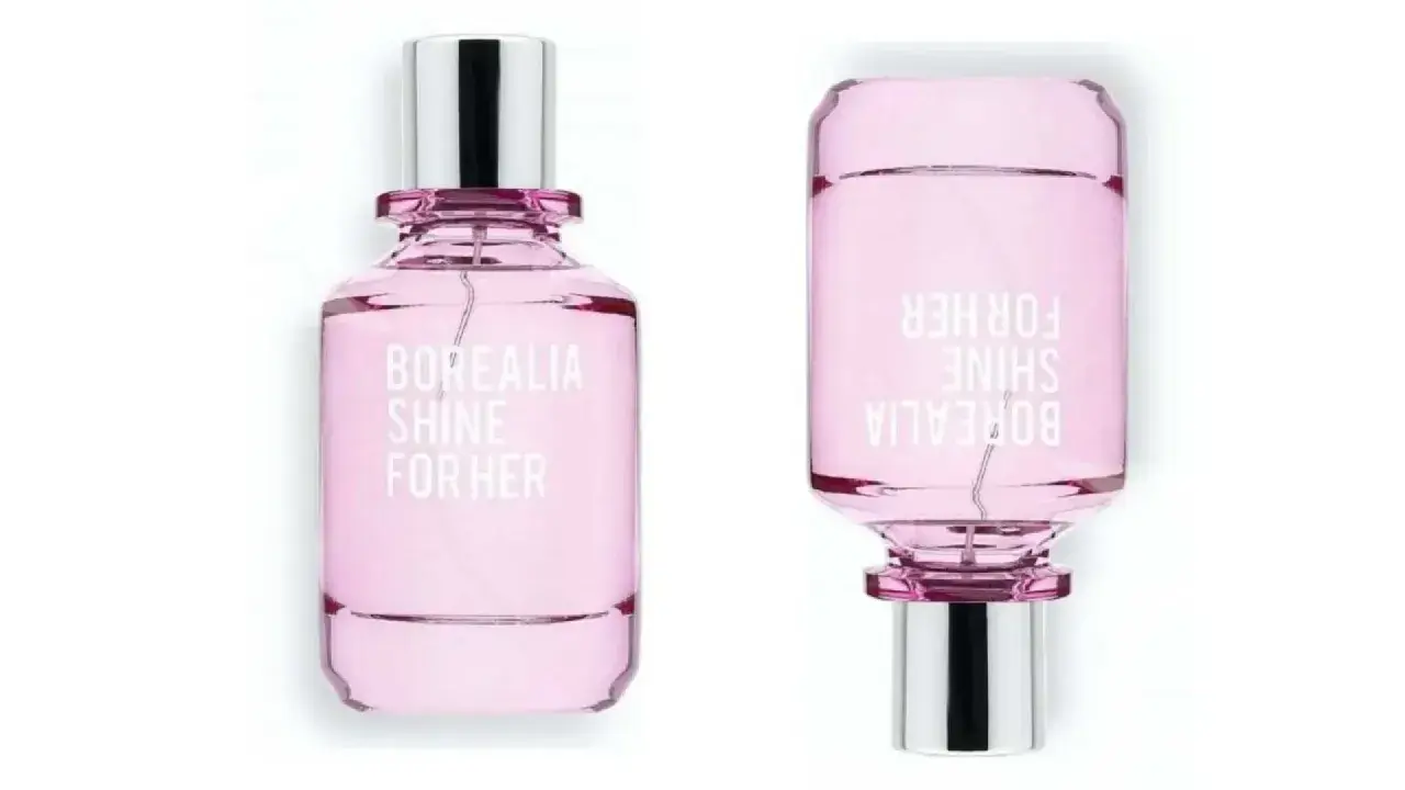 Dos frascos de perfume rosa "Borealia Shine For Her" de Mercadona, con tapas plateadas.
