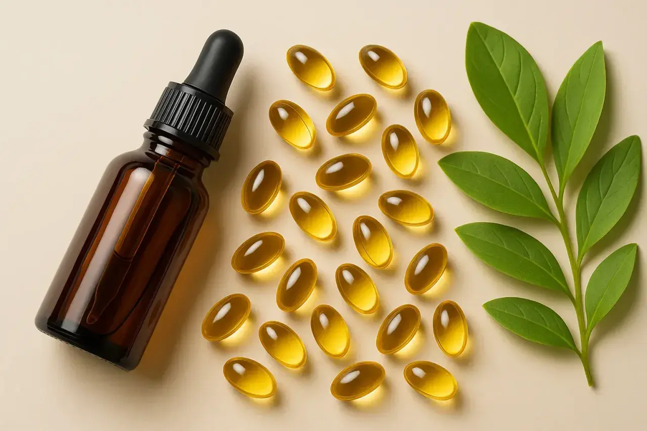 Frasco ámbar con gotero junto a cápsulas doradas y hojas verdes. Podrían ser suplementos de tocoferol.