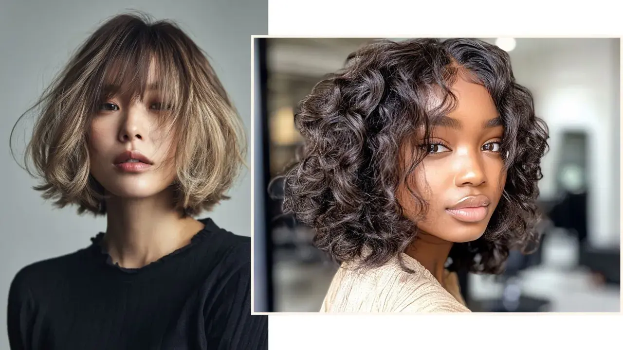 Dos estilos de cabello modernos, uno rubio con flequillo y otro moreno rizado, perfectos para cortes de pelo que rejuvenecen a los 50.
