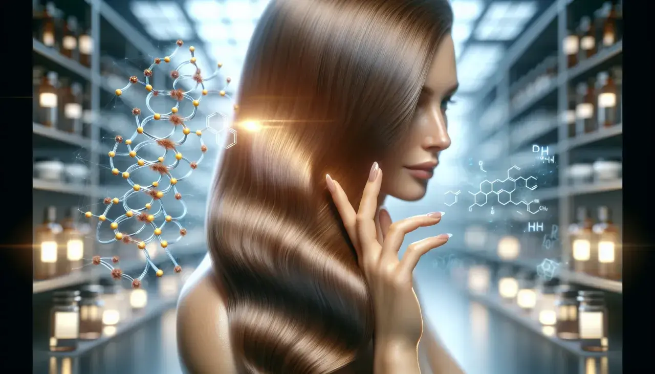 Mujer con cabello sedoso y fórmulas químicas flotando, explicando qué es la queratina y su ciencia capilar.