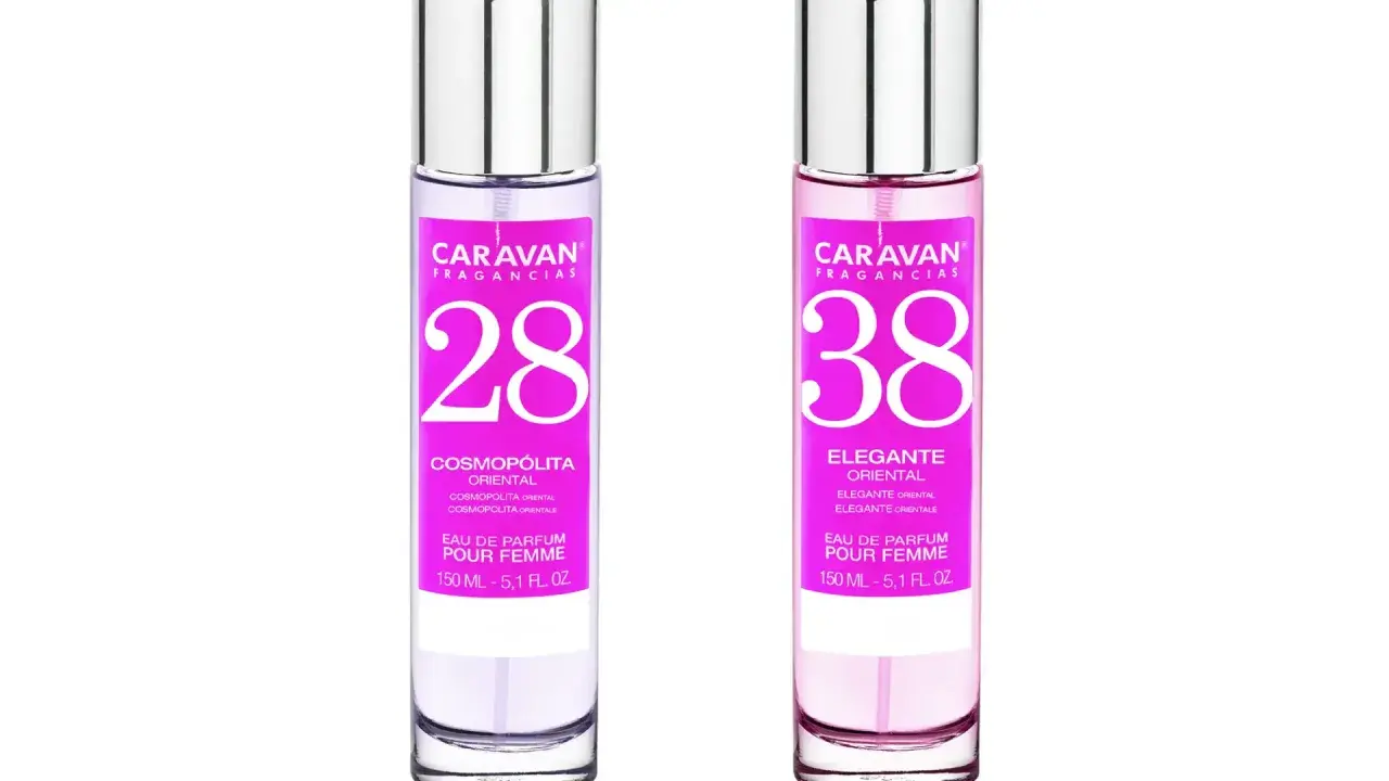 Dos perfumes Caravan, números 28 y 38, con etiquetas rosas y plateadas. Equivalencias Caravan hombre y mujer.