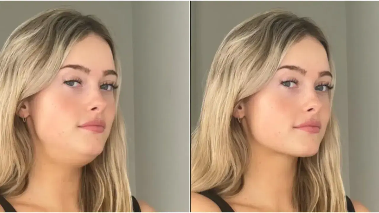 Comparación de antes y después de una mujer. A la izquierda, se ve un doble mentón. A la derecha, tras aplicar la técnica de **que es mewing**, su mandíbula luce más definida.