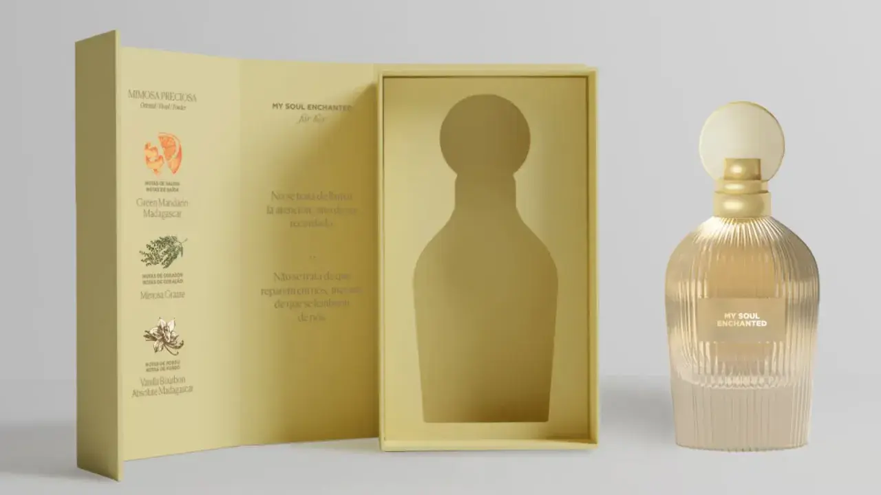 Perfume "My Soul Enchanted" en su caja, con notas de mandarina y vainilla. Un toque de **enchanted Mercadona** para recordar.