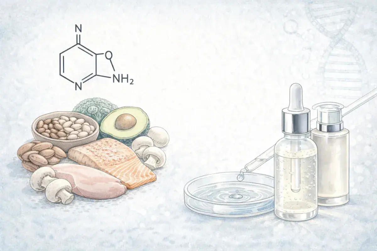 Fórmula química de la Vitamina B3, alimentos ricos en ella y frascos de cosméticos.