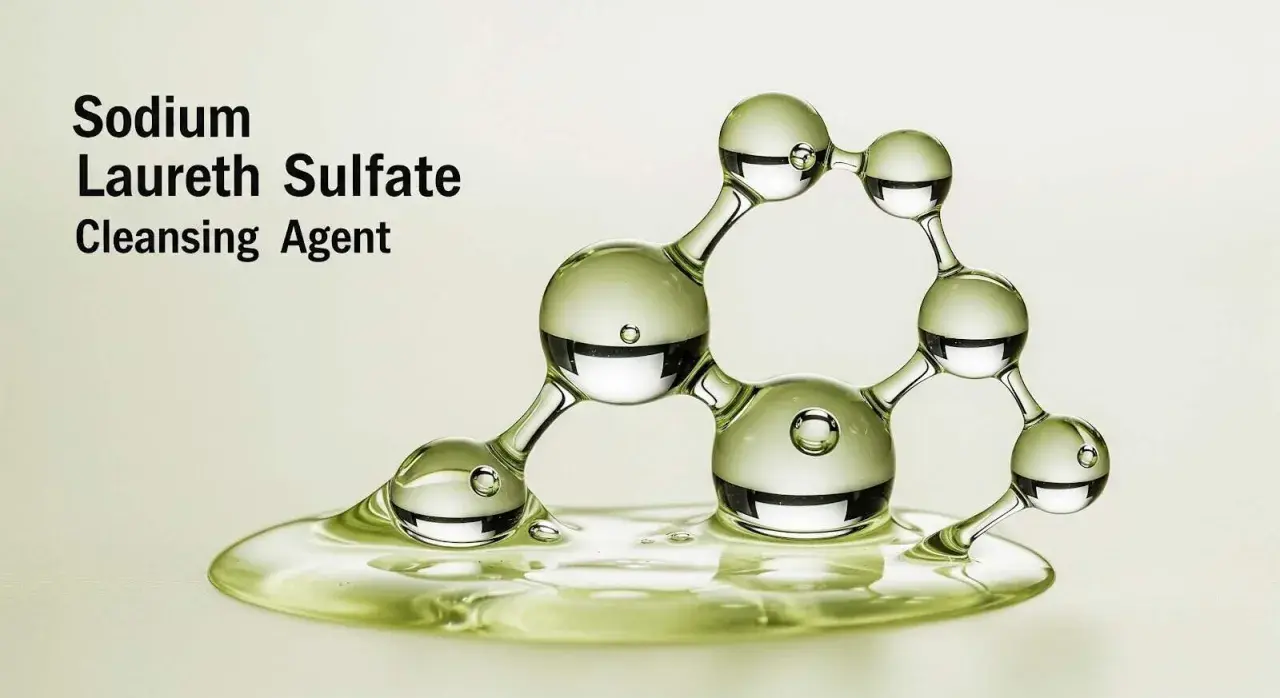 Molécula de Sodium Laureth Sulfate, un agente limpiador, representada con esferas de líquido verde translúcido.