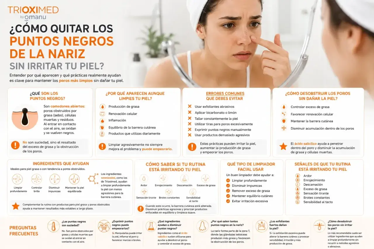 Mujer se mira en espejo, tocándose la nariz con puntos negros. Guía para quitar puntos negros sin irritar la piel.