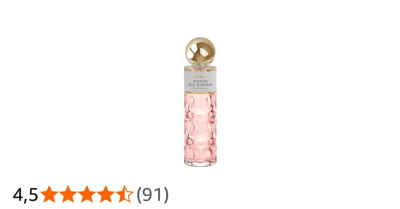 Frasco de perfume rosa con tapa dorada. "Ironie by Saphir" indica su equivalencia.