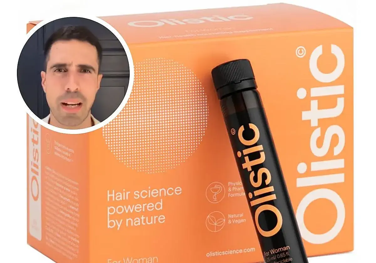Hombre con expresión de sorpresa junto a caja y vial de Olistic, suplemento capilar con opinión de dermatólogo.