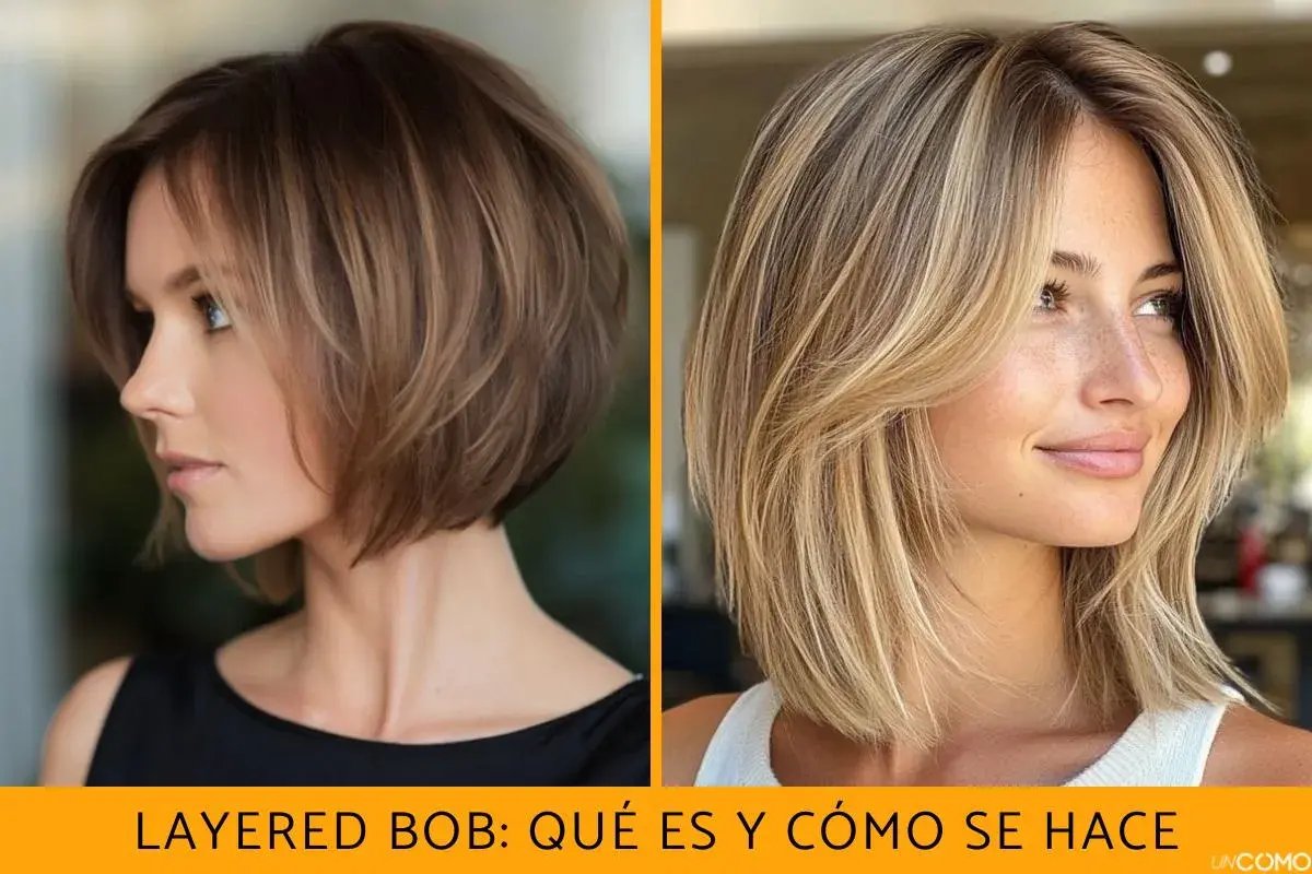 Dos estilos de cortes bob en capas: uno castaño oscuro y otro rubio con flequillo.