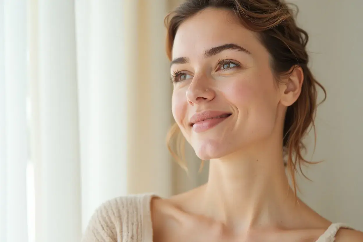Mujer sonriente, con piel radiante. El ácido hialurónico para que sirve: hidrata y da volumen, logrando esta luminosidad natural.