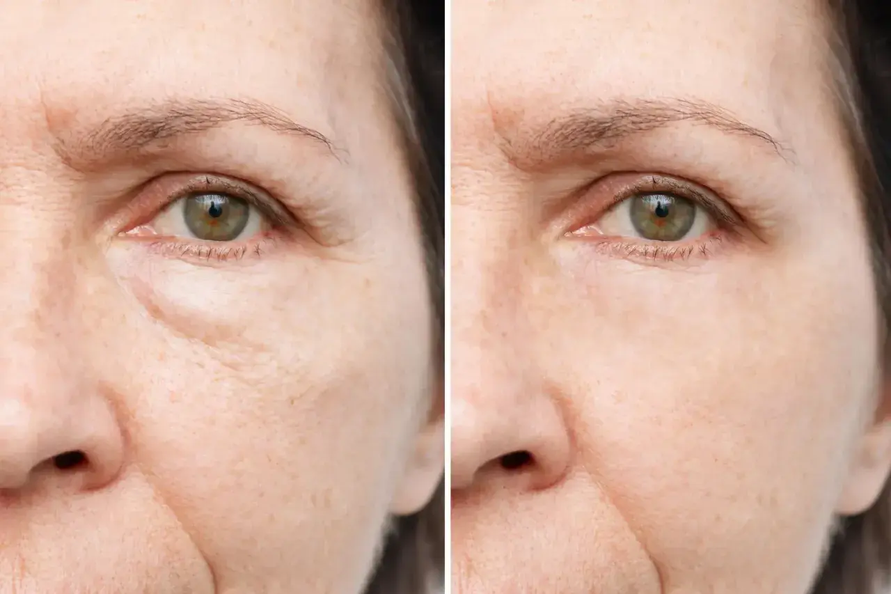 Comparación de ojos: antes y después de aplicar un método para como drenar las bolsas de los ojos. Se observa una piel más lisa y firme.