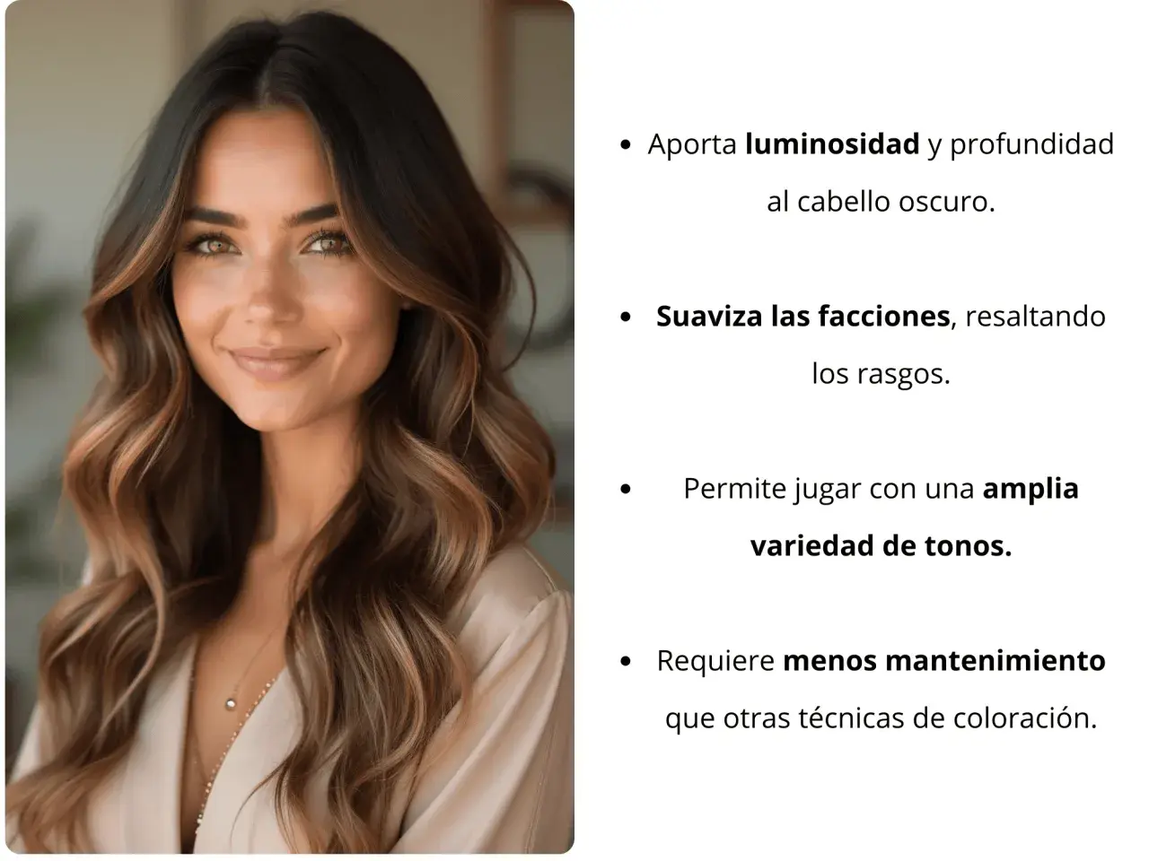 Mujer con cabello castaño oscuro y mechas balayage, resaltando la luminosidad y variedad de tonos.