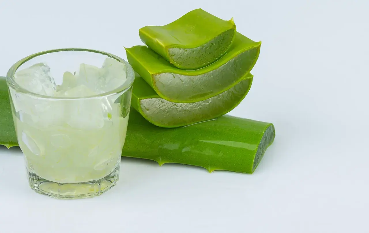 Un vaso con trozos de aloe vera y hojas cortadas apiladas, listas para usar.