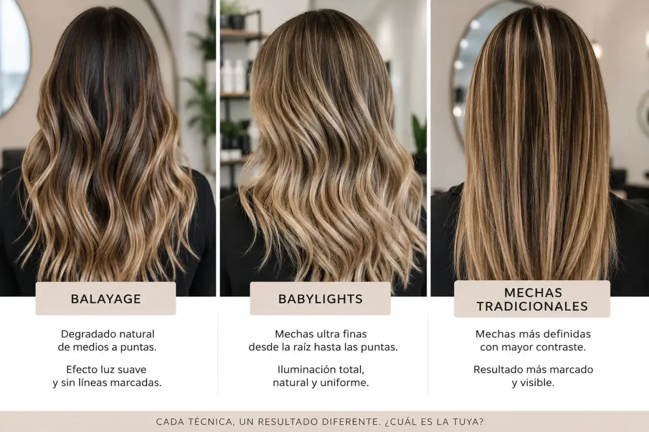 Cabello con babylights, mechas ultra finas desde la raíz para una iluminación natural y uniforme.