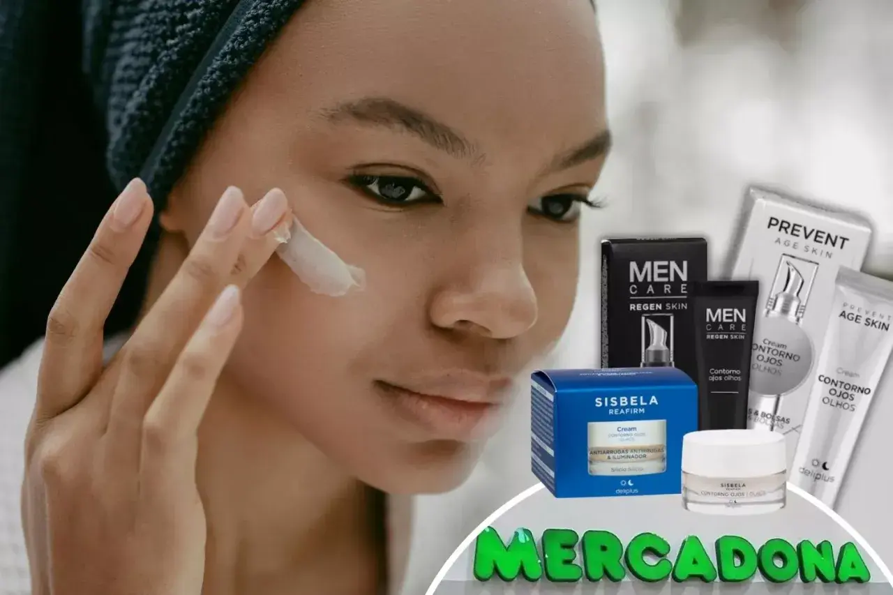Mujer aplicándose crema en el contorno de ojos. Productos de contorno de ojos Mercadona en el fondo.