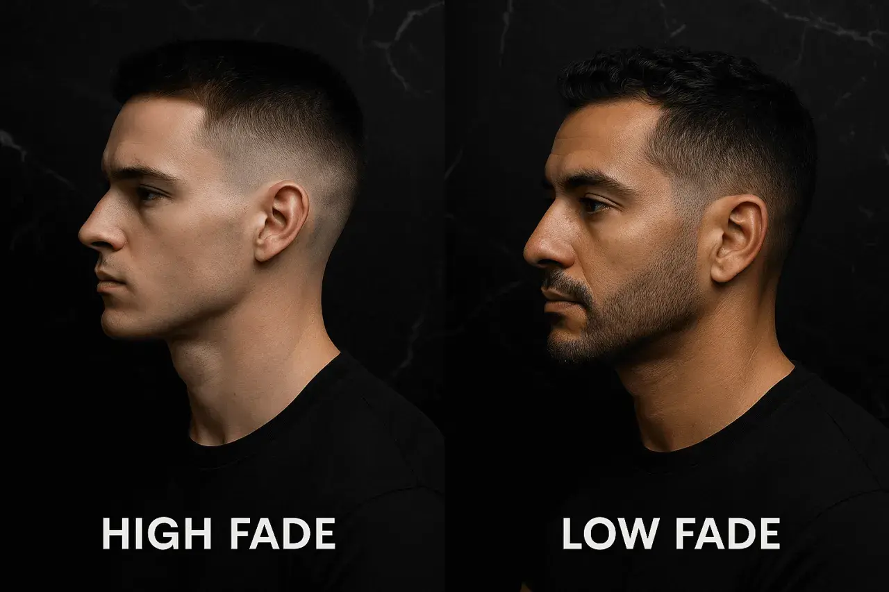 Dos hombres con cortes de pelo modernos. El de la izquierda luce un taper fade alto, mientras que el de la derecha muestra un taper fade bajo.
