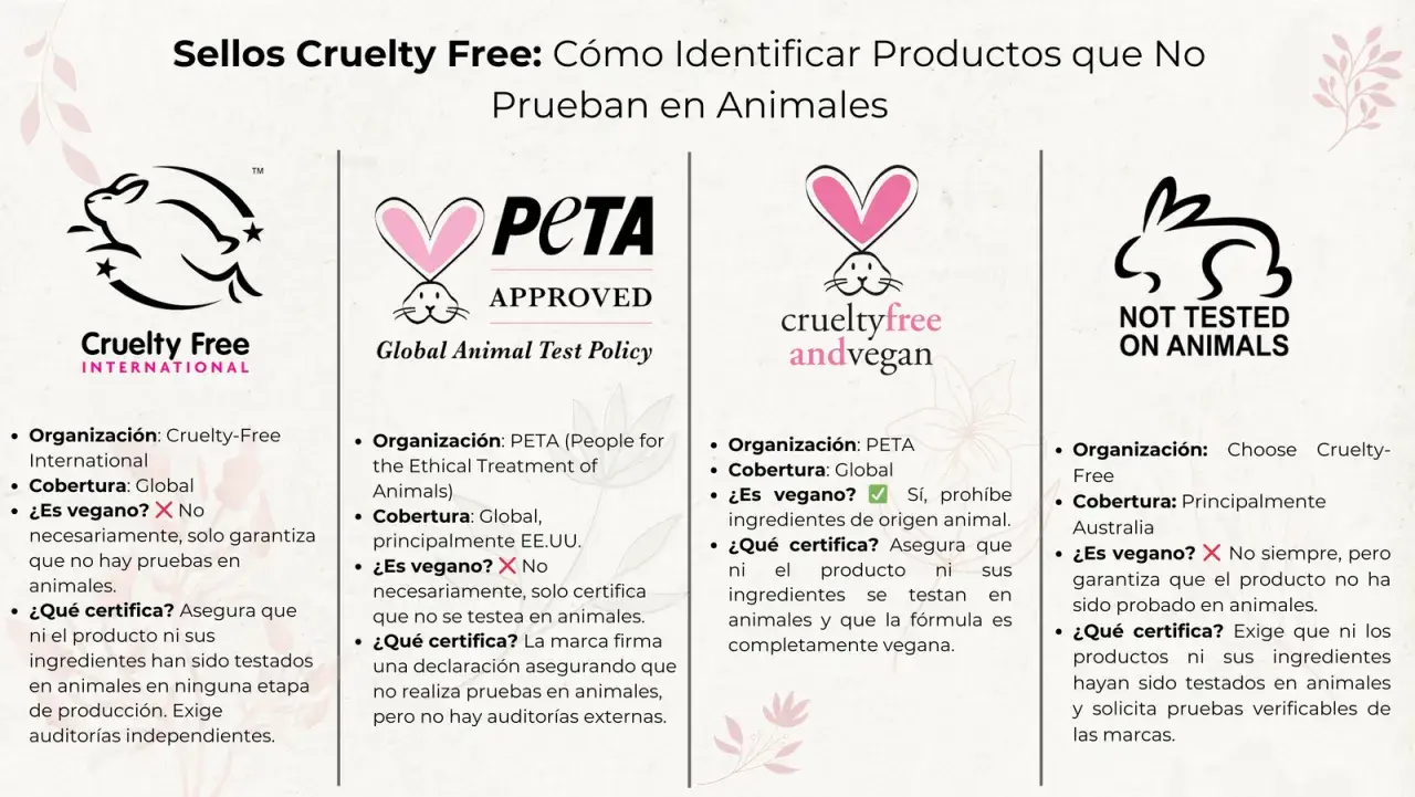 Sellos Cruelty Free: Conoce las marcas que no prueban en animales. Incluye logos de Cruelty Free International, PETA, Crueltyfree andvegan y Not Tested on Animals.