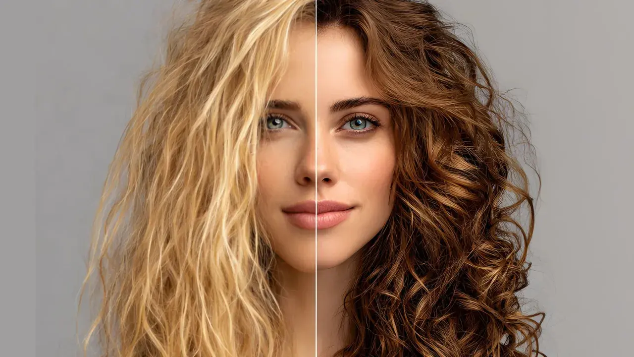La mitad de un rostro con pelo rubio ondulado y la otra mitad con pelo castaño rizado, mostrando los reflejos del pelo.