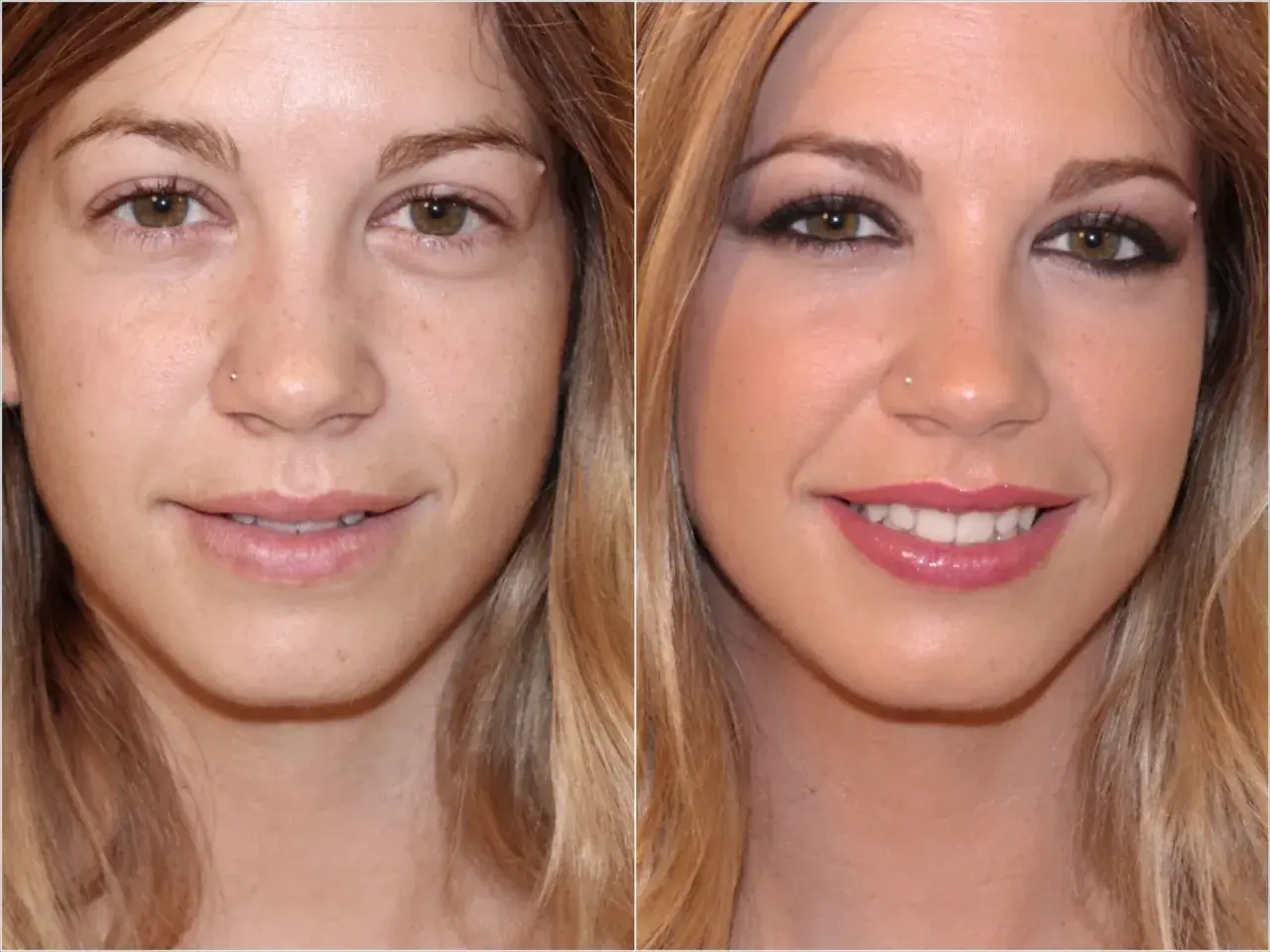 Antes y después: maquillaje que realza la mirada, disimulando los ojos caídos y resaltando la sonrisa.