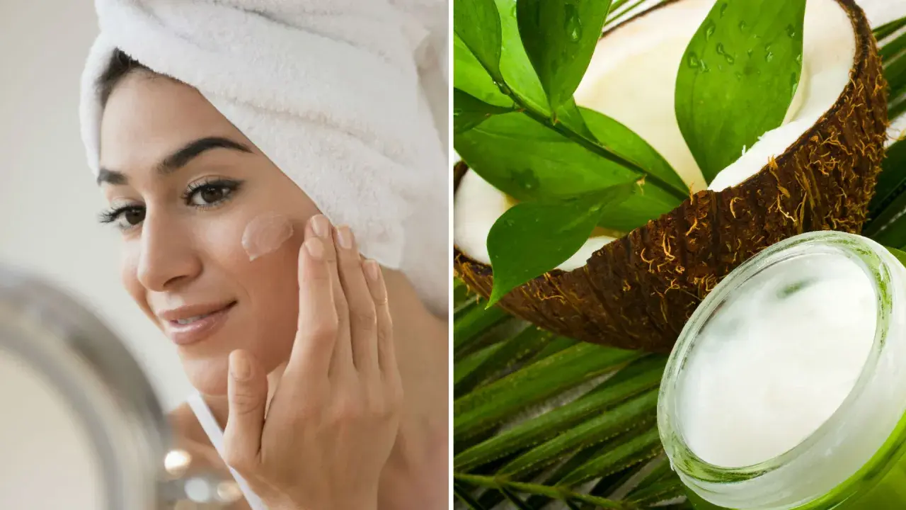 Mujer aplicándose crema en la cara junto a un coco y hojas verdes.