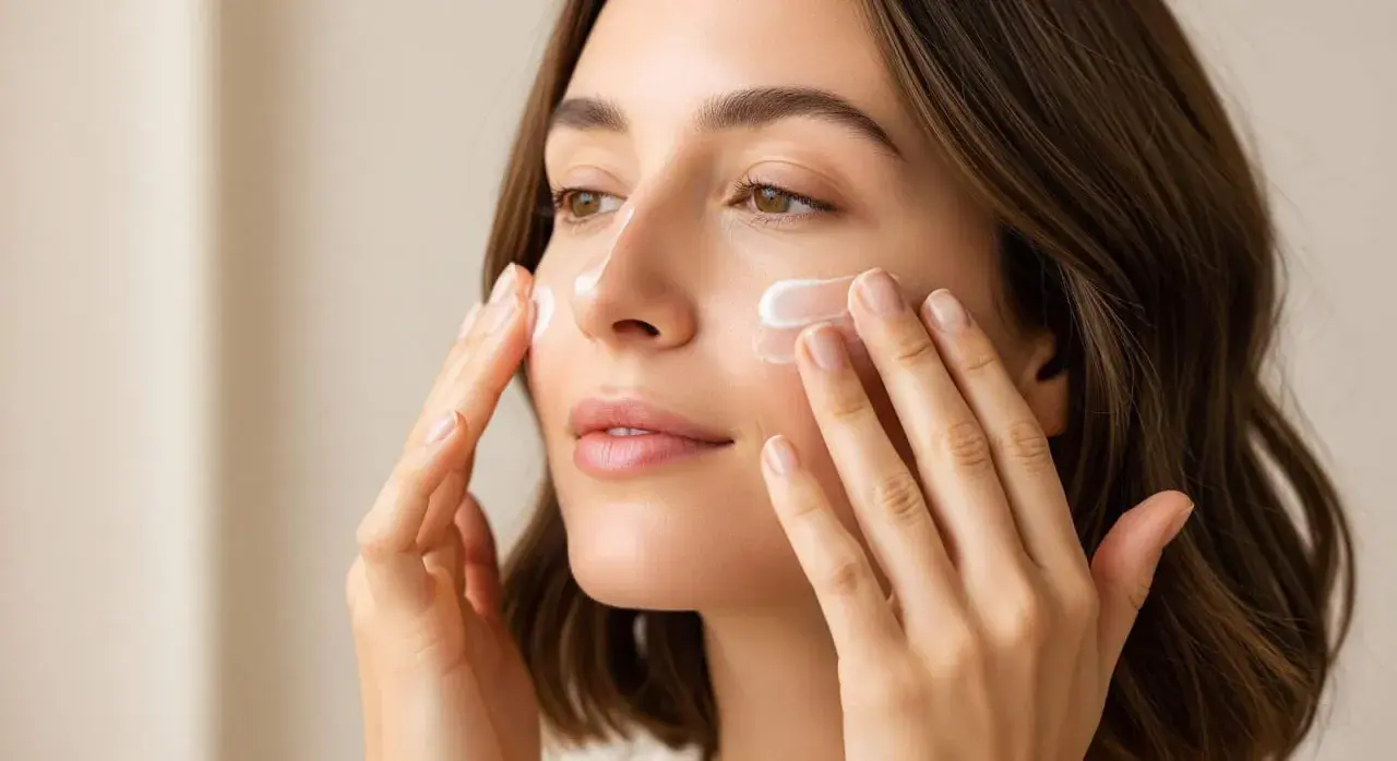 Mujer aplicándose crema facial con phenoxyethanol. Sus manos suaves extienden el producto, dejando la piel radiante y cuidada.