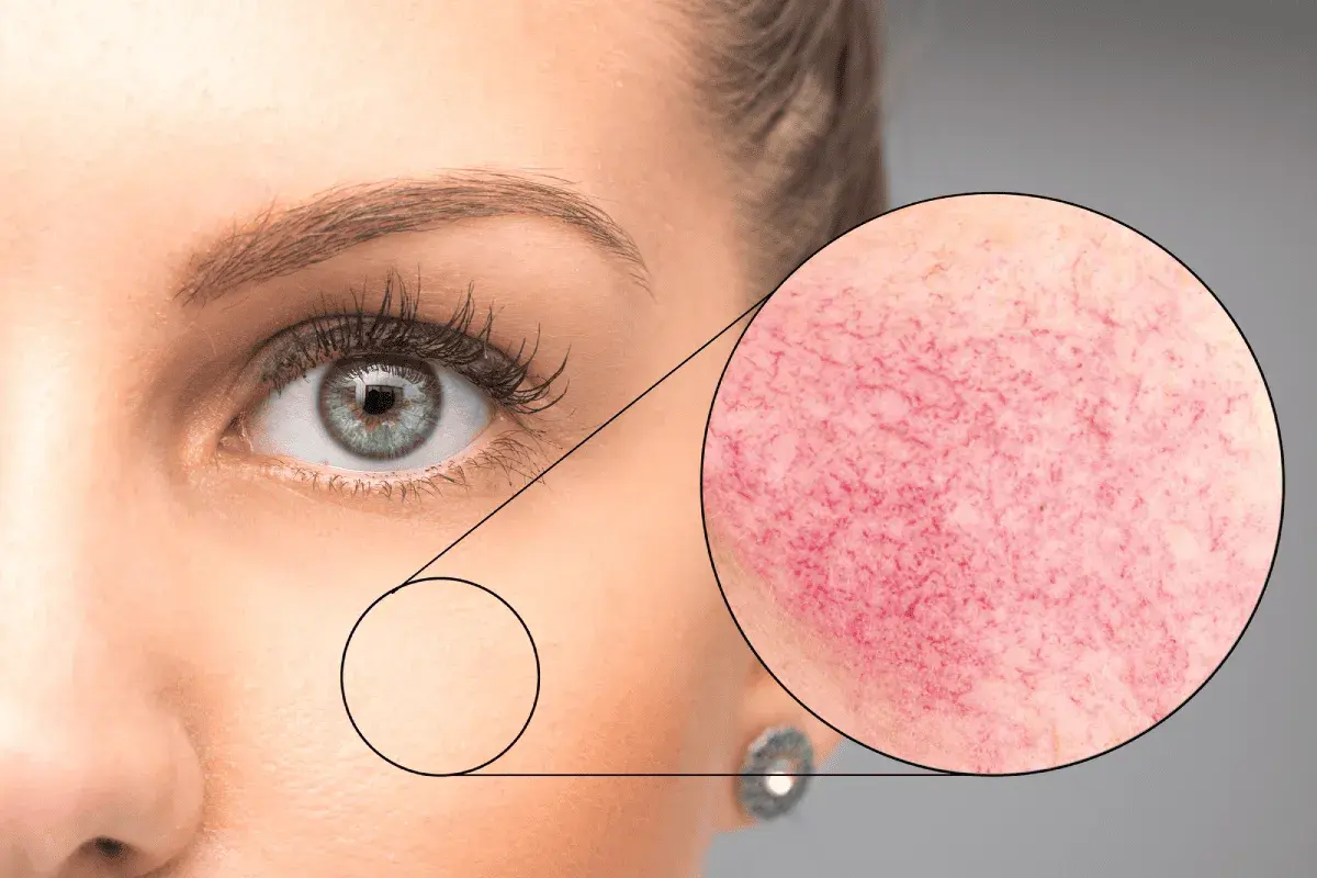 Primer plano de ojo y mejilla, con un círculo que muestra la piel con rojeces y vasos sanguíneos visibles, indicando posible demodex cara.