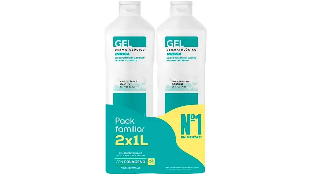 Pack familiar de jabón neutro Inibsa en Mercadona, 2x1L, gel dermatológico con colágeno para pieles normales.