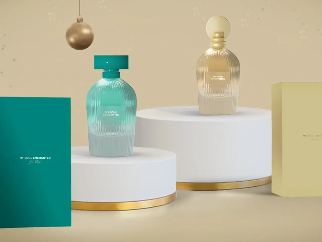 Dos perfumes "My Soul Enchanted" en tonos turquesa y dorado, junto a su caja, evocan la esencia de Mercadona.