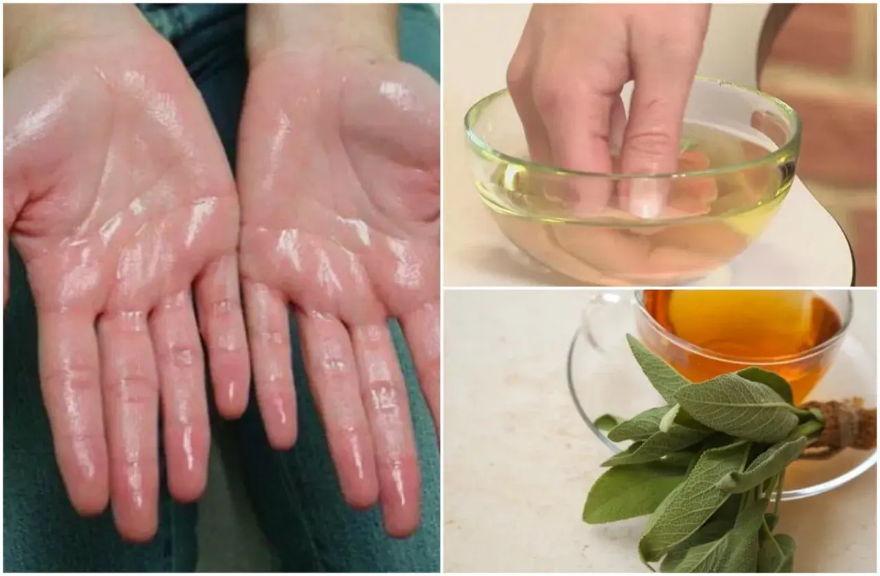 Manos sudorosas por hiperhidrosis palmar. Un dedo en un cuenco con líquido y una taza de té de salvia.