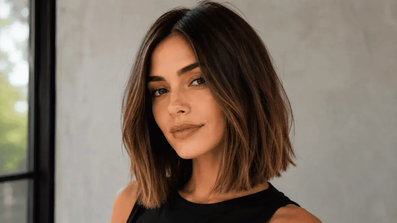 Mujer con un elegante corte long bob, cabello castaño con reflejos sutiles, mirada serena y labios pintados en tono nude.