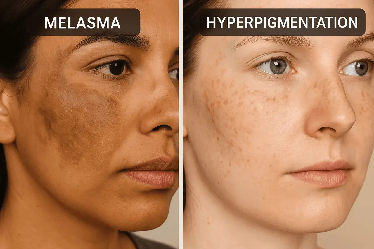 Comparación de melasma, una condición de hiperpigmentación, en dos rostros.