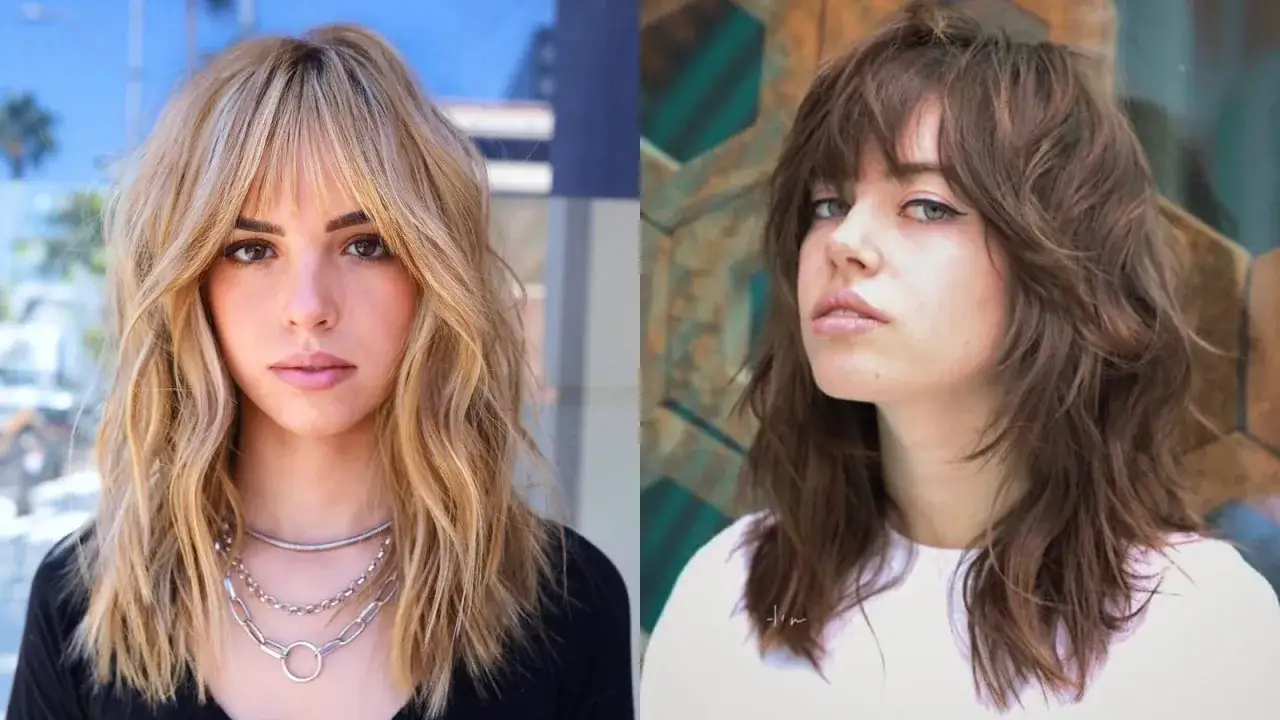 Dos mujeres con un moderno corte de pelo shaggy, una rubia con flequillo y otra morena con capas desordenadas.